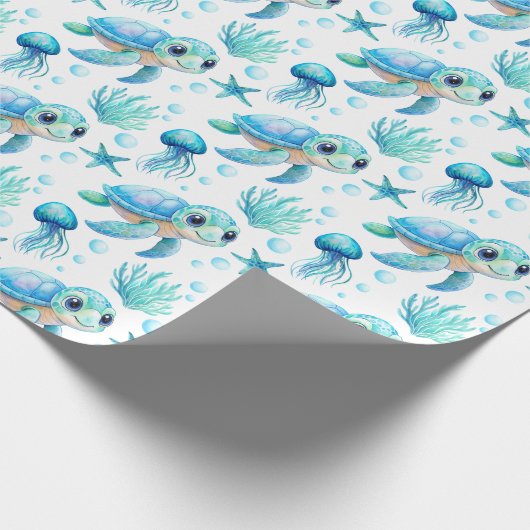 ウミガメのアクアブルー赤ちゃんシャワーギフトの下 ラッピングペーパー (角)