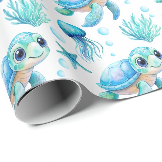 ウミガメのアクアブルー赤ちゃんシャワーギフトの下 ラッピングペーパー (ロールコーナー)