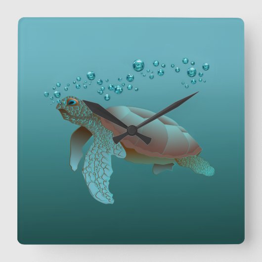 ウミガメのアクリルウォールクロック スクエア壁時計 (正面)