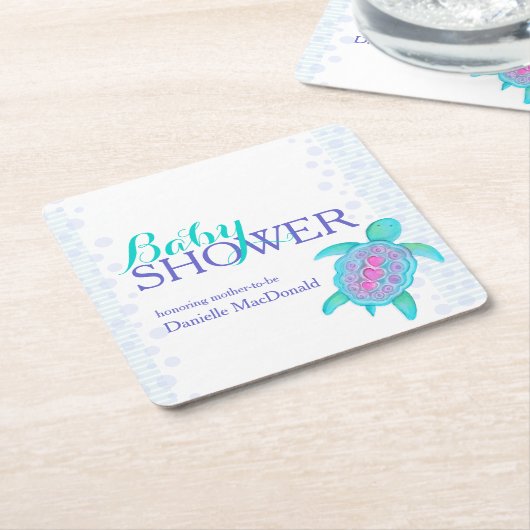 ウミガメのウイスキー色のベビーシャワーコースター スクエアペーパーコースター (アングル)