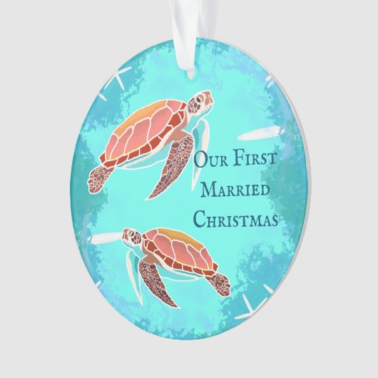 ウミガメのカップルの最初の結婚したクリスマス オーナメント (正面)