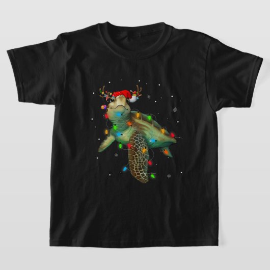 ウミガメのクリスマスライトサンタおもしろいハットメリー Tシャツ (レイダウン)