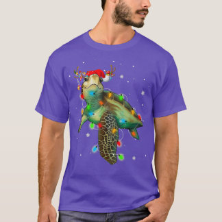 ウミガメのクリスマスライトサンタおもしろいハットメリー Tシャツ