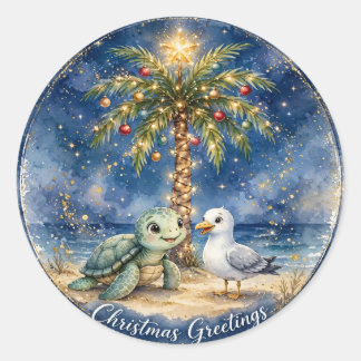 ウミガメのクリスマス封筒シール ラウンドシール