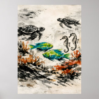 ウミガメのサンゴ礁の水彩画 マリンライフアート ポスター
