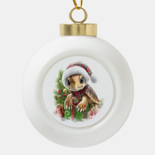 ウミガメのシャツクリスマスサンタハット セラミックボールオーナメント (正面)