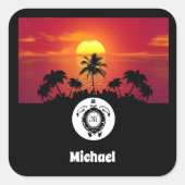 ウミガメのシルエットモノグラム名タグフォト スクエアシール (正面)