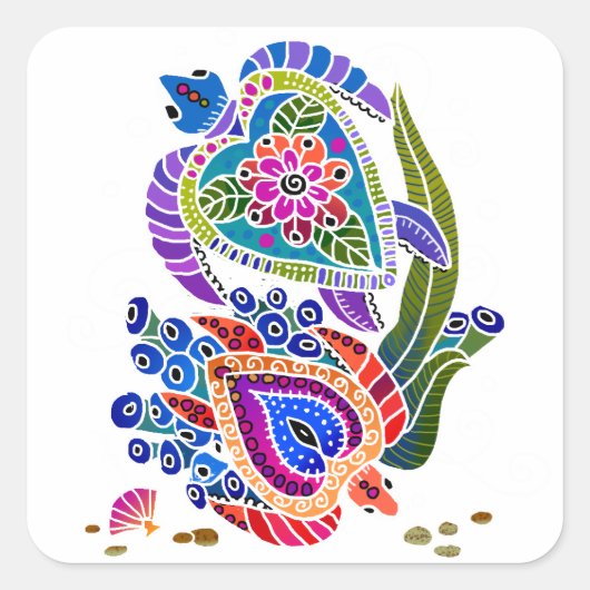 ウミガメのステッカー – カスタマイズ背景 スクエアシール (正面)