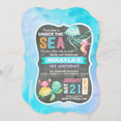 ウミガメのタコのタツノオトシゴの誕生日の下 招待状 (正面/裏面)