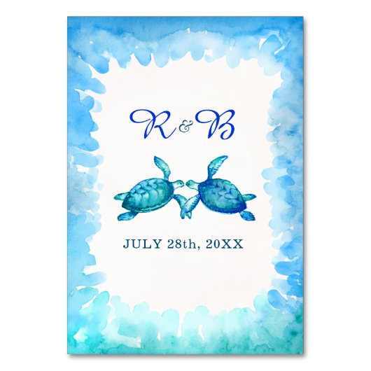 ウミガメのテーブルカード – 青い緑の水色 テーブルナンバー (裏面)