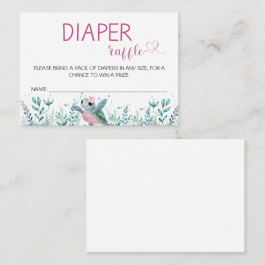 ウミガメのピンクおむつラッフルベビーシャワー エンクロージャーカード (正面/裏面)