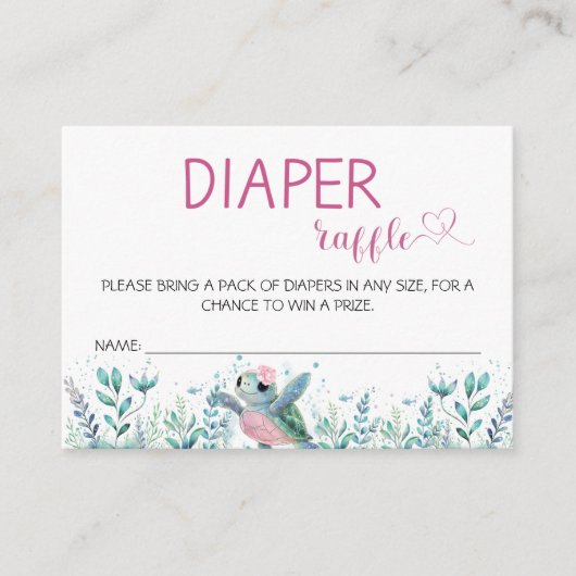 ウミガメのピンクおむつラッフルベビーシャワー エンクロージャーカード (正面)