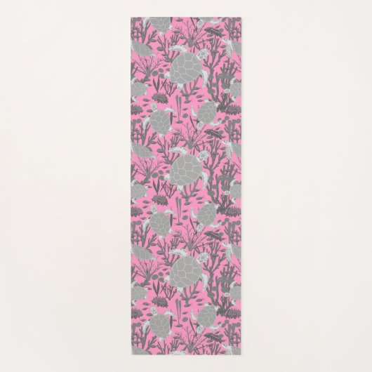 ウミガメのピンク色の灰色の海洋生物パターン ヨガマット (正面)