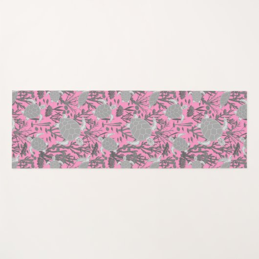 ウミガメのピンク色の灰色の海洋生物パターン ヨガマット (正面(横))