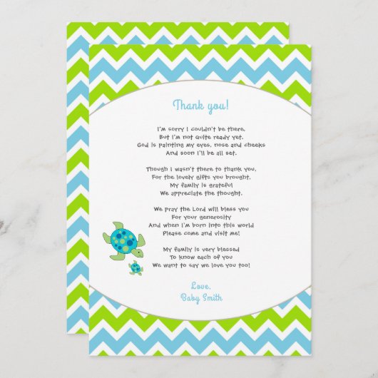 ウミガメのベビーシャワーはノート感謝していしています + 詩 サンキューカード (正面/裏面)