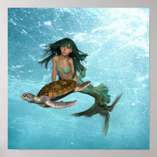ウミガメのポスター付き人魚 ポスター