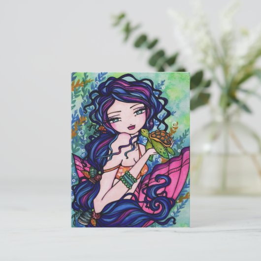 ウミガメのマーメイドファンタジーマリンアートポストカード ポストカード (スタンド正面)