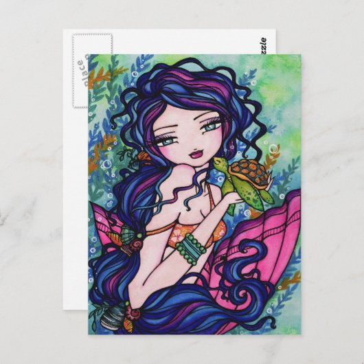 ウミガメのマーメイドファンタジーマリンアートポストカード ポストカード (正面/裏面)