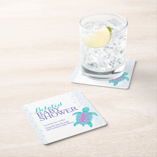 ウミガメのワニ色のベビーシャワー スクエアペーパーコースター (インサイチュ)