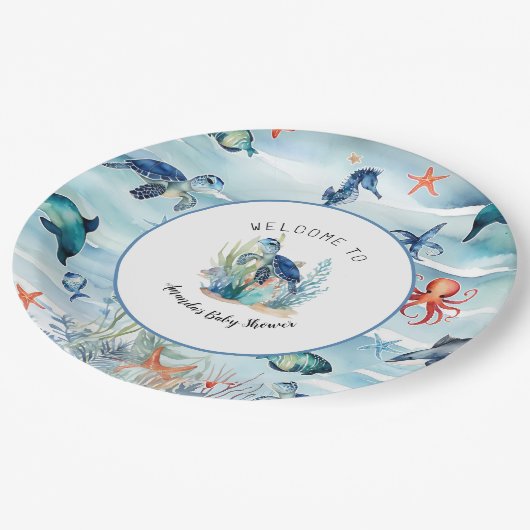ウミガメの下で男の子のシャワーブルー ペーパープレート (アングル)