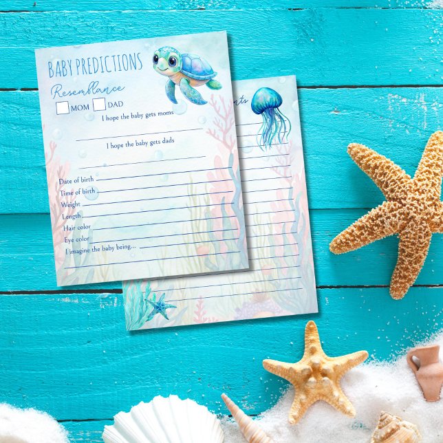 ウミガメの下で青いベビー予測アドバイス (Under the sea turtle aqua blue baby predictions and advice for new parents baby shower game cards)