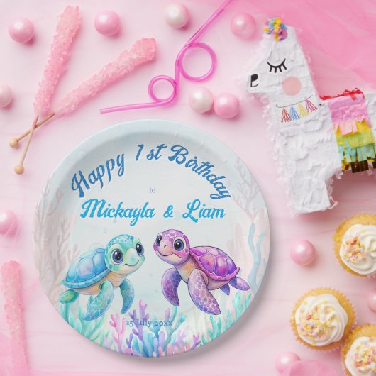 ウミガメの下で青い双子の誕生日 ペーパープレート (パーティー)