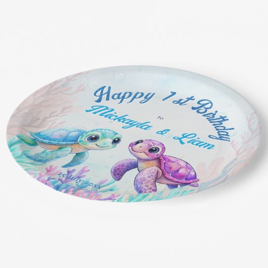 ウミガメの下で青い双子の誕生日 ペーパープレート (アングル)