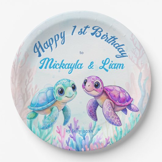 ウミガメの下で青い双子の誕生日 ペーパープレート (正面)
