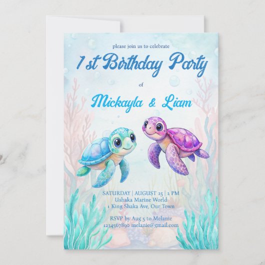 ウミガメの下で青い双子の誕生日 招待状 (正面)