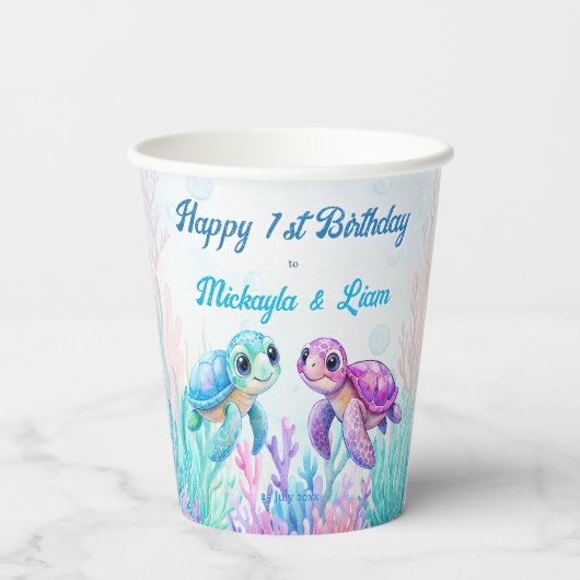 ウミガメの下で青い双子の誕生日 紙コップ (裏面)