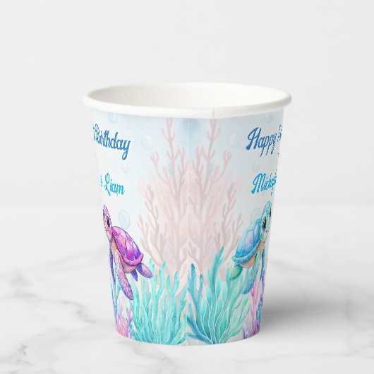 ウミガメの下で青い双子の誕生日 紙コップ (右)
