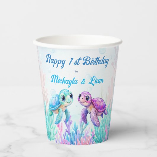 ウミガメの下で青い双子の誕生日 紙コップ (正面)
