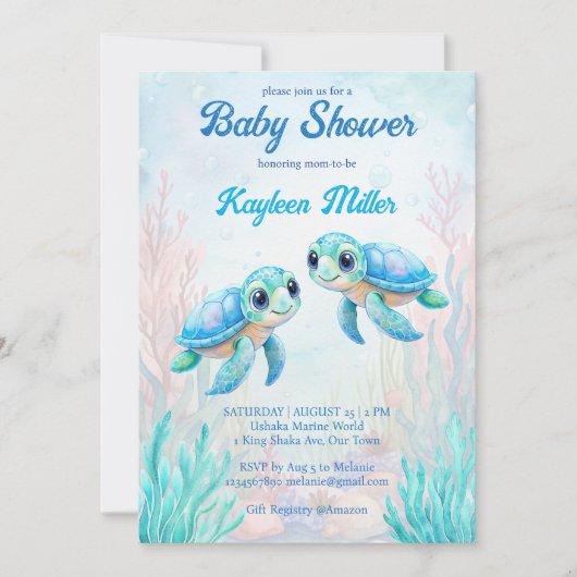 ウミガメの下で青い双子の赤ちゃんシャワー 招待状 (正面)