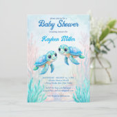 ウミガメの下で青い双子の赤ちゃんシャワー 招待状 (スタンド正面)