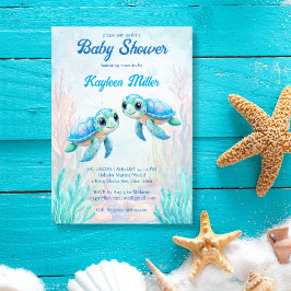 ウミガメの下で青い双子の赤ちゃんシャワー 招待状