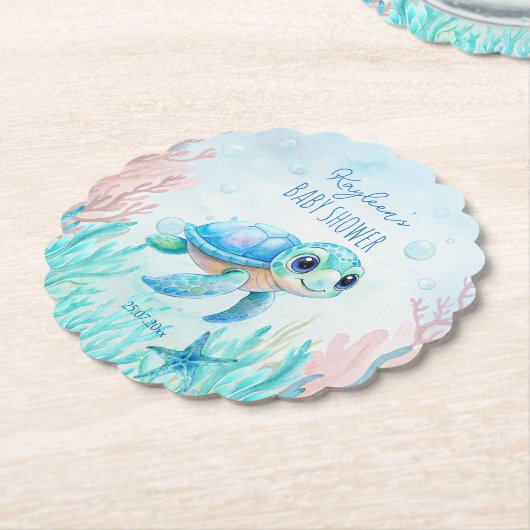 ウミガメの下で青い赤ちゃんシャワーの好意 ペーパーコースター (アングル)