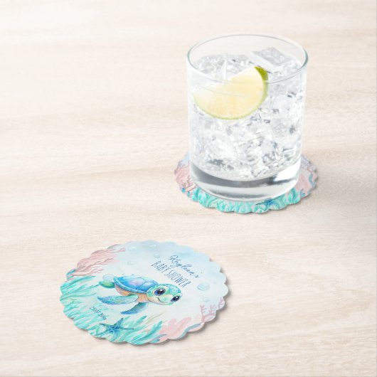 ウミガメの下で青い赤ちゃんシャワーの好意 ペーパーコースター (インサイチュ)