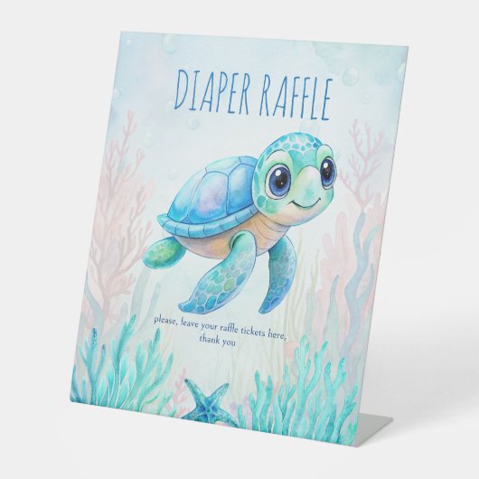 ウミガメの下で青い赤ちゃんシャワーラッフル 台座サイン (正面)