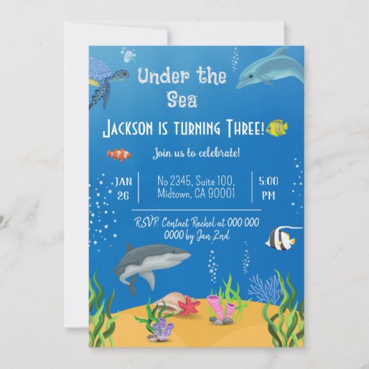 ウミガメの下で魚の三歳の誕生日 招待状 (正面)