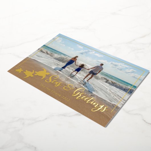 ウミガメの休日のフォトグリーティング 箔シーズンカード (回転した状態)