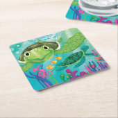 ウミガメの救出 スクエアペーパーコースター (アングル)