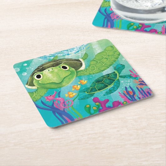 ウミガメの救出 スクエアペーパーコースター (アングル)