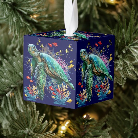 ウミガメの水中水色スタイル キューブオーナメント (ツリー)