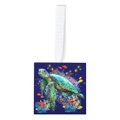 ウミガメの水中水色スタイル キューブオーナメント (正面)