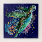 ウミガメの水中水色スタイル ジグソーパズル (横)