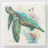 ウミガメの水中水色スタイル ストーンコースター (正面)