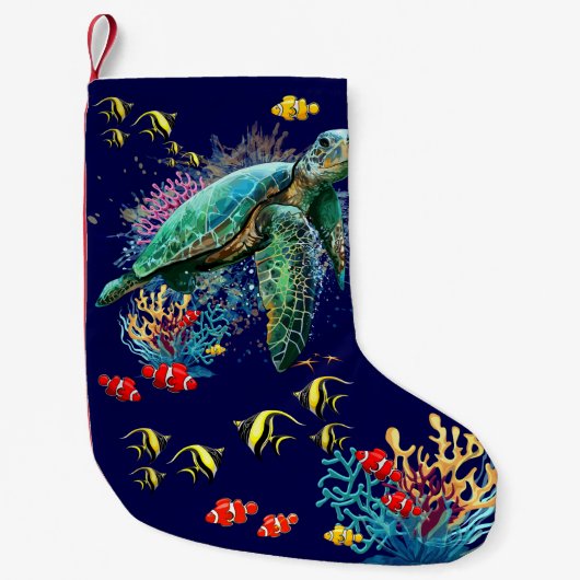 ウミガメの水中水色スタイル スモールクリスマスストッキング (正面)