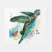 ウミガメの水中水色スタイル フリースブランケット (正面(横))