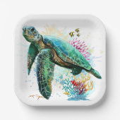 ウミガメの水中水色スタイル ペーパープレート (正面)