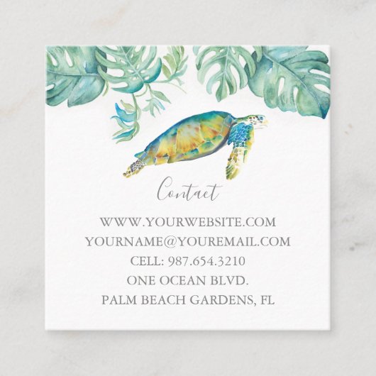 ウミガメの水彩熱帯緑 スクエア名刺 (正面)